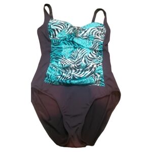 Skye 1 PC Swimsuit Medium Turquoise Black and White Shirred Front Panel